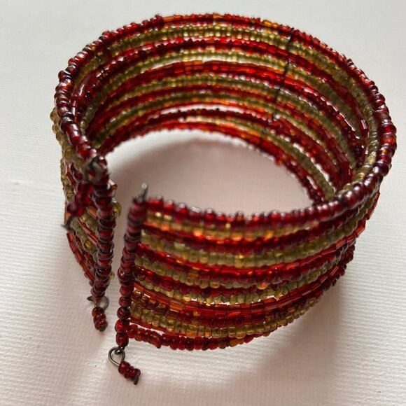 Wide Cuff Bracelet with Layered Gold and Red Beads - Picture 2 of 4